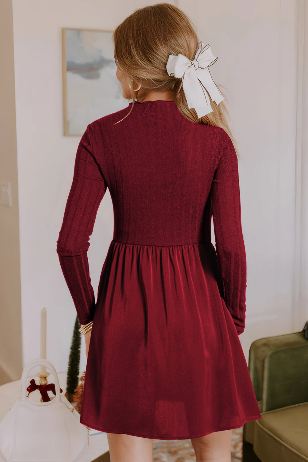 Red Dahlia Frilled Neck Ribbed Knit Patchwork Long Sleeve Mini Dress