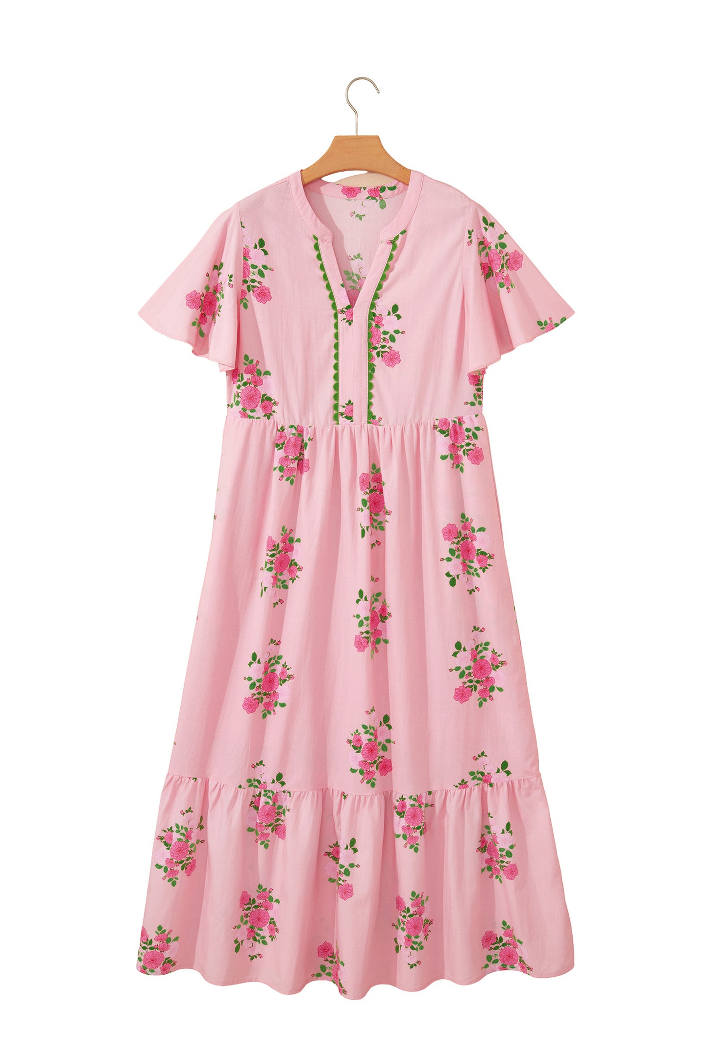 Pink Notched Neck Flutter Short Sleeve Floral Print Maxi Dress