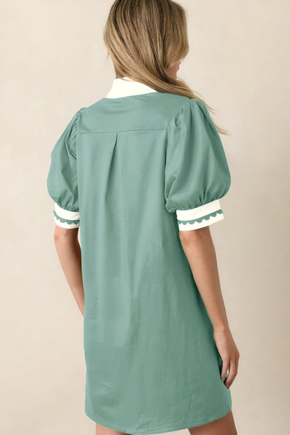 Canton Scallop Color Block Trim Puff Sleeve Mini Dress