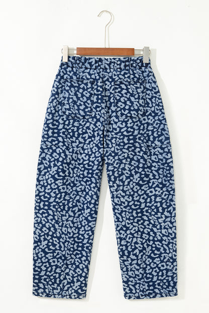 Blue Leopard Printed Drawstring Elastic Waistband Pocketed Barrel Jeans