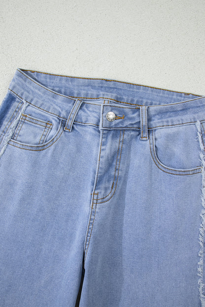 Beau Blue Contrast Stripe Frayed Side Panel Patchwork Shift Jeans