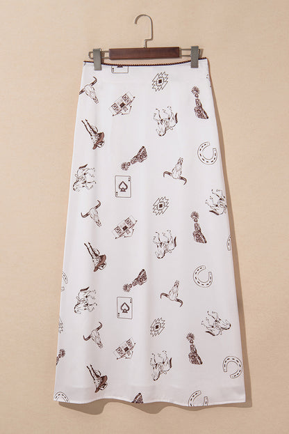 Beige Western Print Satin Long Skirt