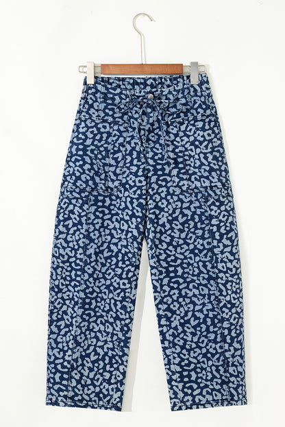 Blue Leopard Printed Drawstring Elastic Waistband Pocketed Barrel Jeans