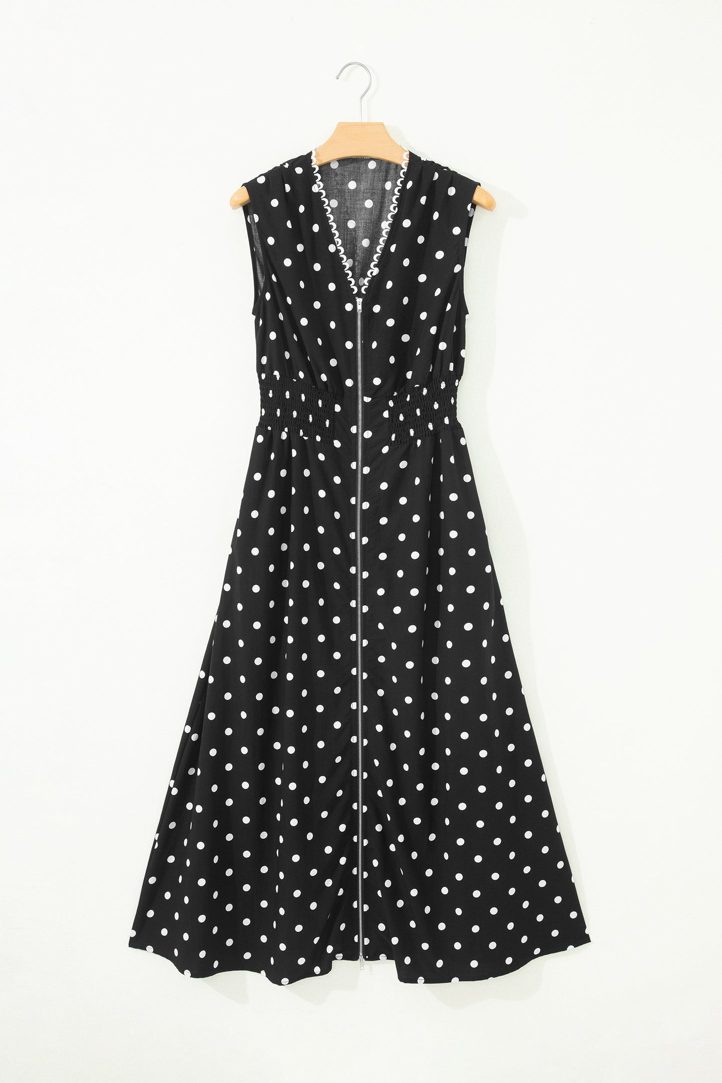 Black Polka Dot Print Contrast Trim V Neck Zip Up Sleeveless Dress