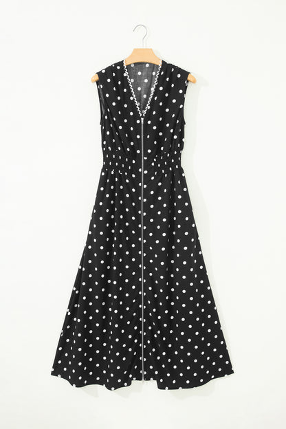 Black Polka Dot Print Contrast Trim V Neck Zip Up Sleeveless Dress