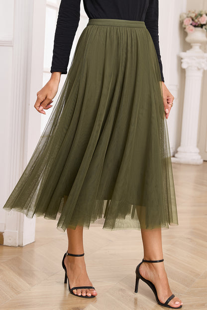 Jungle Green Tulle Mesh Overlay Flared Midi Skirt