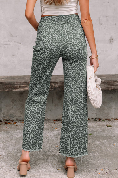 Gray Leopard Frayed Edge Wide Leg High Waist Jeans