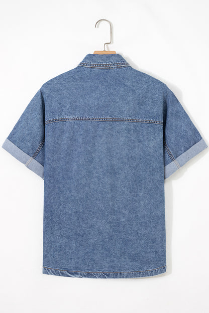 Ashleigh Blue Button Flap Pocket Cuffed Short Sleeve Denim Shirt