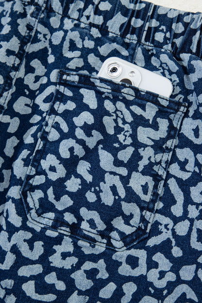 Blue Leopard Printed Drawstring Elastic Waistband Pocketed Barrel Jeans