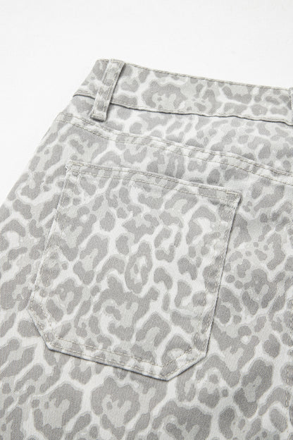 Gray Leopard Frayed Edge Wide Leg High Waist Jeans