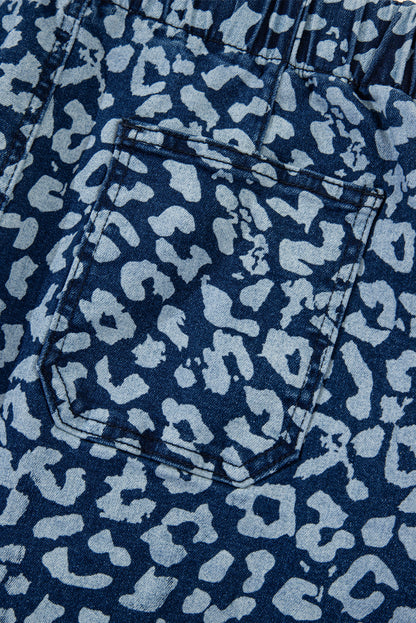 Blue Leopard Printed Drawstring Elastic Waistband Pocketed Barrel Jeans