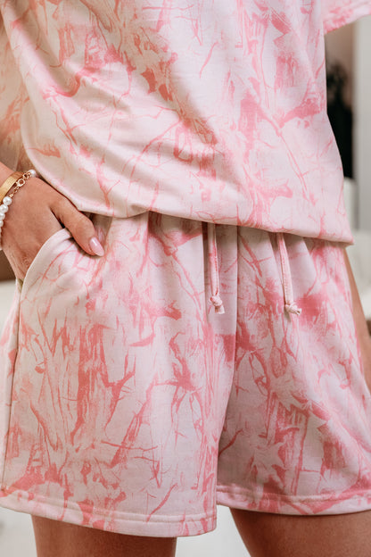 Pink Abstract Print V Neck Loose Tee Drawstring Shorts 2pcs Outfit