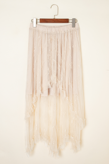 Apricot Lace Cascading Tiered High Waist Maxi Skirt